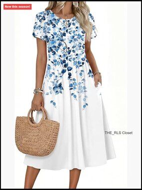 Short Sleeve Midi Dress with Pockets Casual Aline Flowy Tshirt Sundress